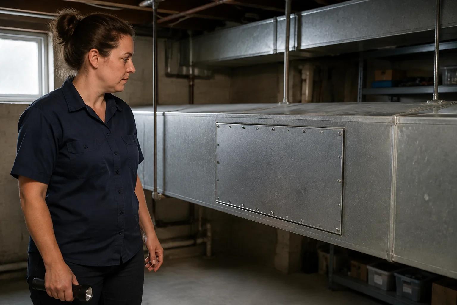 Technician inspecting a closed metal access panel fastened to rectangular ductwork.