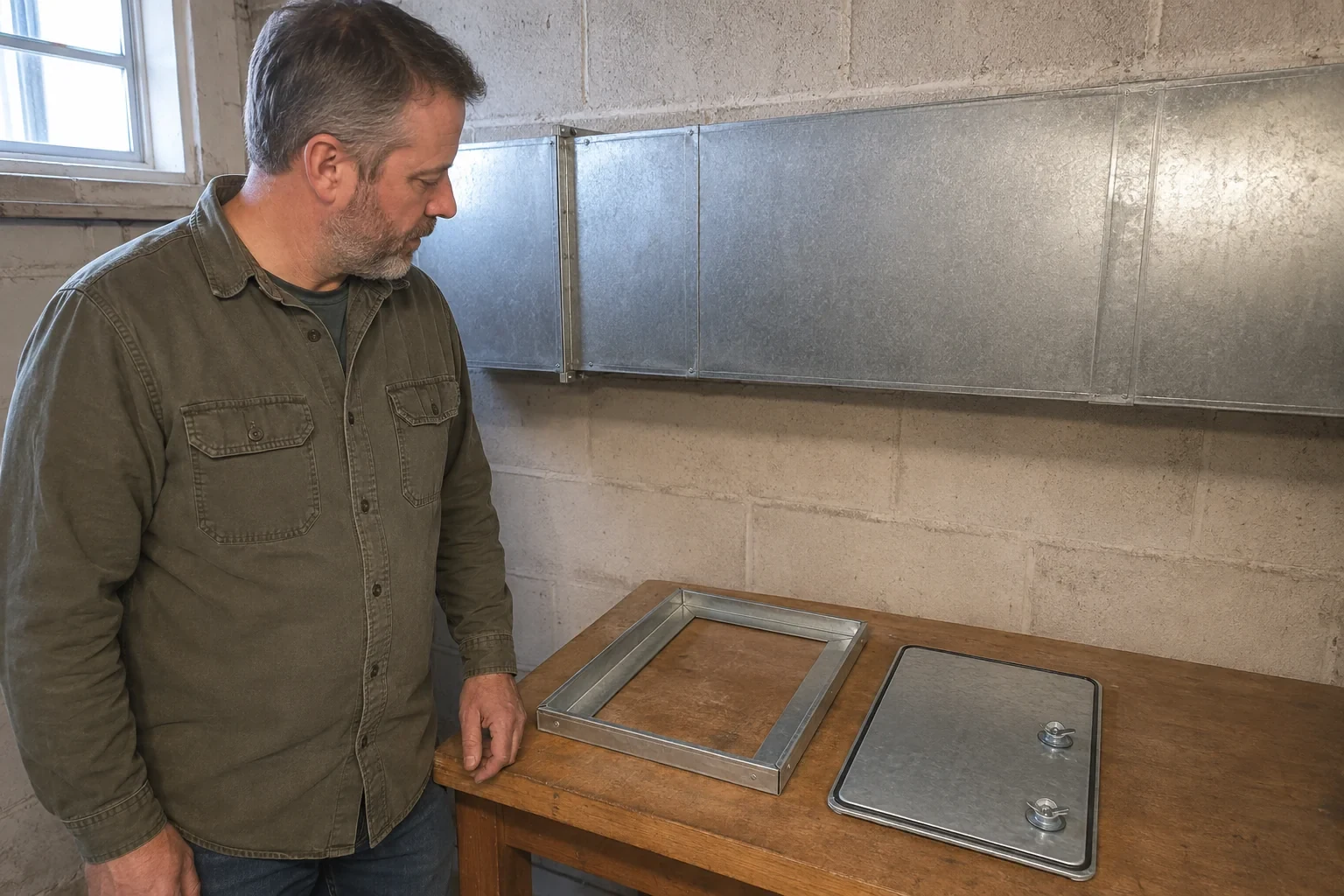 Technician viewing a detached metal access panel and rectangular frame on a utility workbench.
