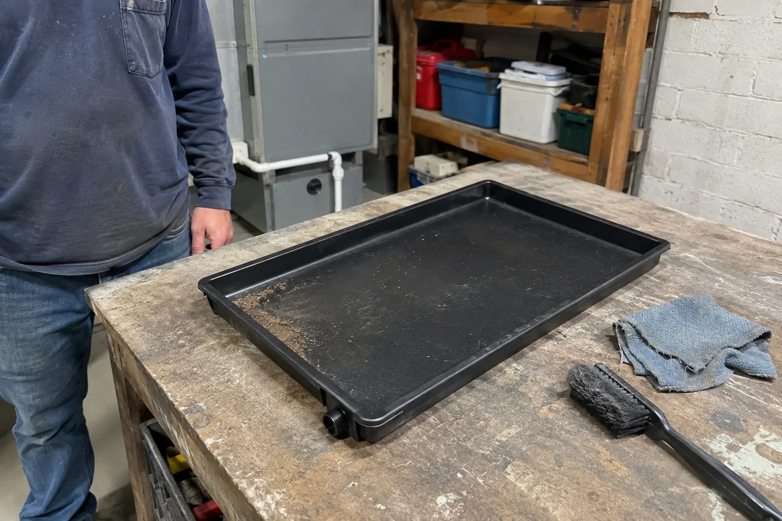 Detached shallow black drain pan with a threaded outlet beside a brush and cloth.