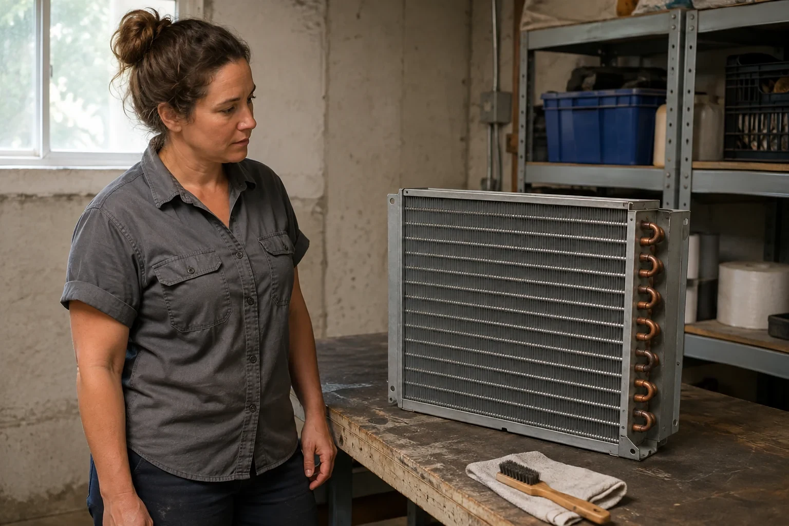 Technician viewing a detached fin-and-tube coil with copper bends on a utility workbench.