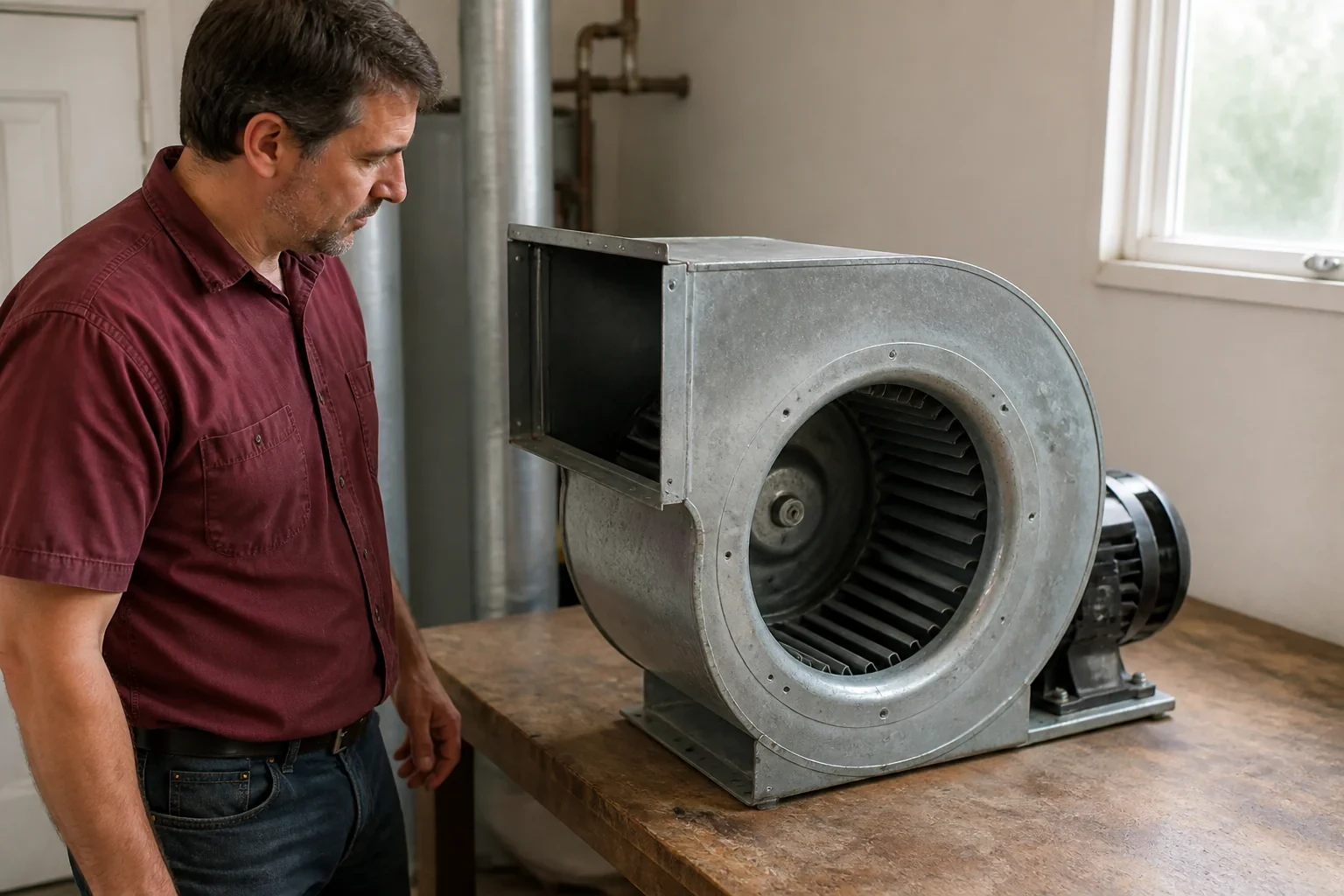 Technician beside a detached centrifugal blower housing with its wheel visible through the circular inlet.