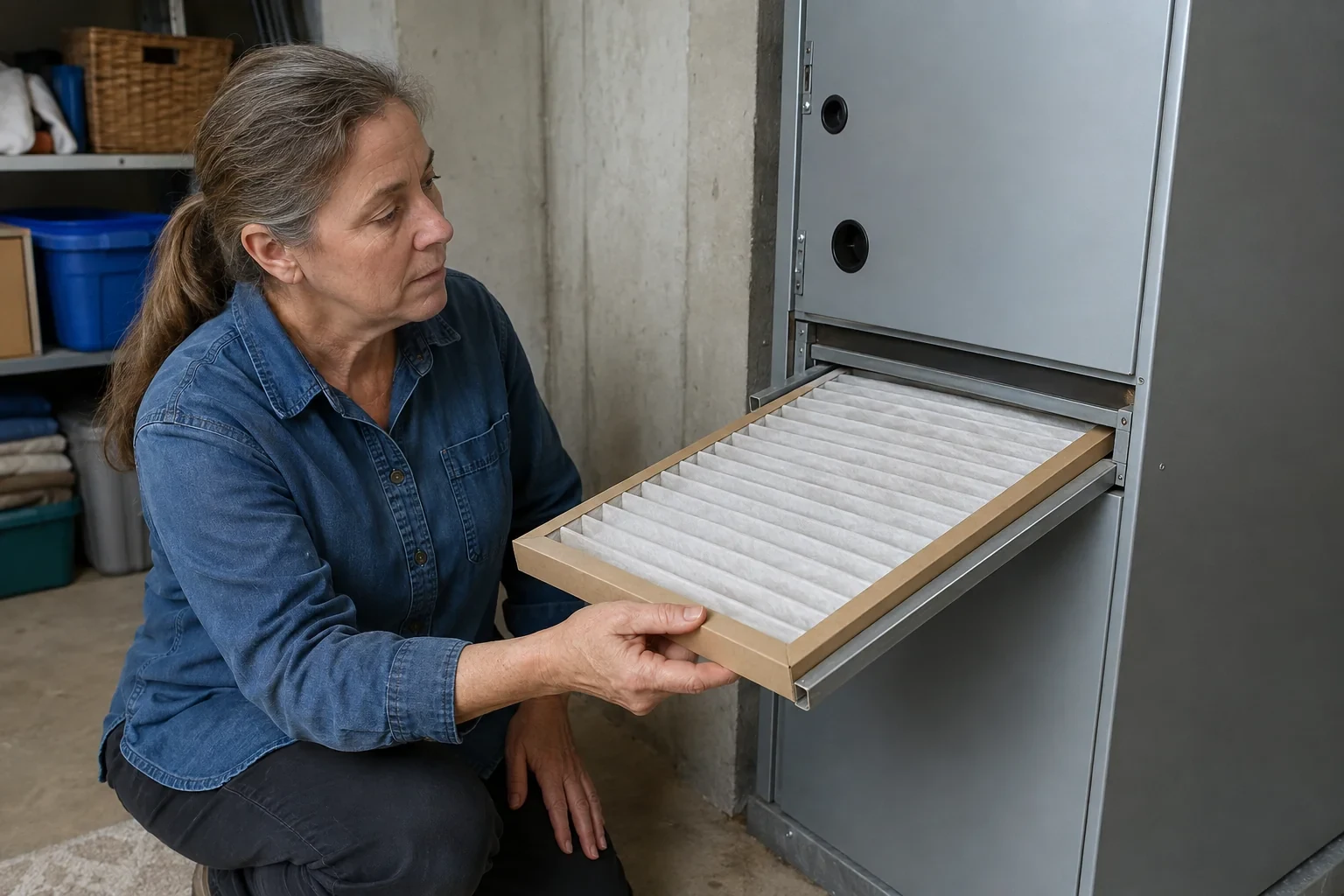 Technician holding the edge of a pleated filter partly withdrawn from a metal cabinet rack.