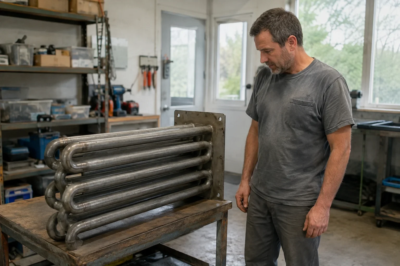 Technician viewing a detached tubular heat-exchanger assembly on a workbench.