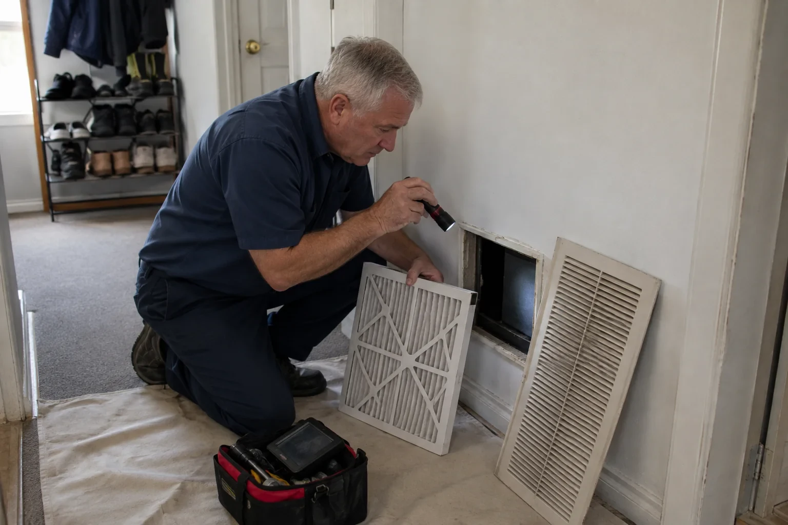 Technician inspecting a wall-return opening beside a filter and detached grille.