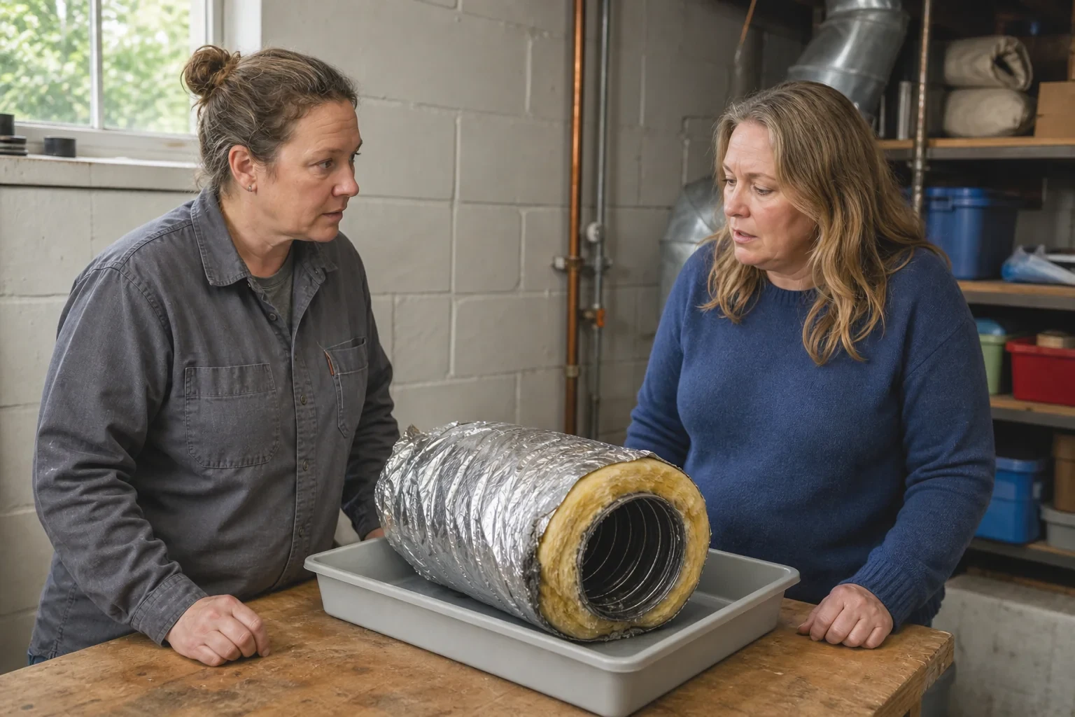 Technician and homeowner discussing an insulated flexible duct sample resting in a tray.