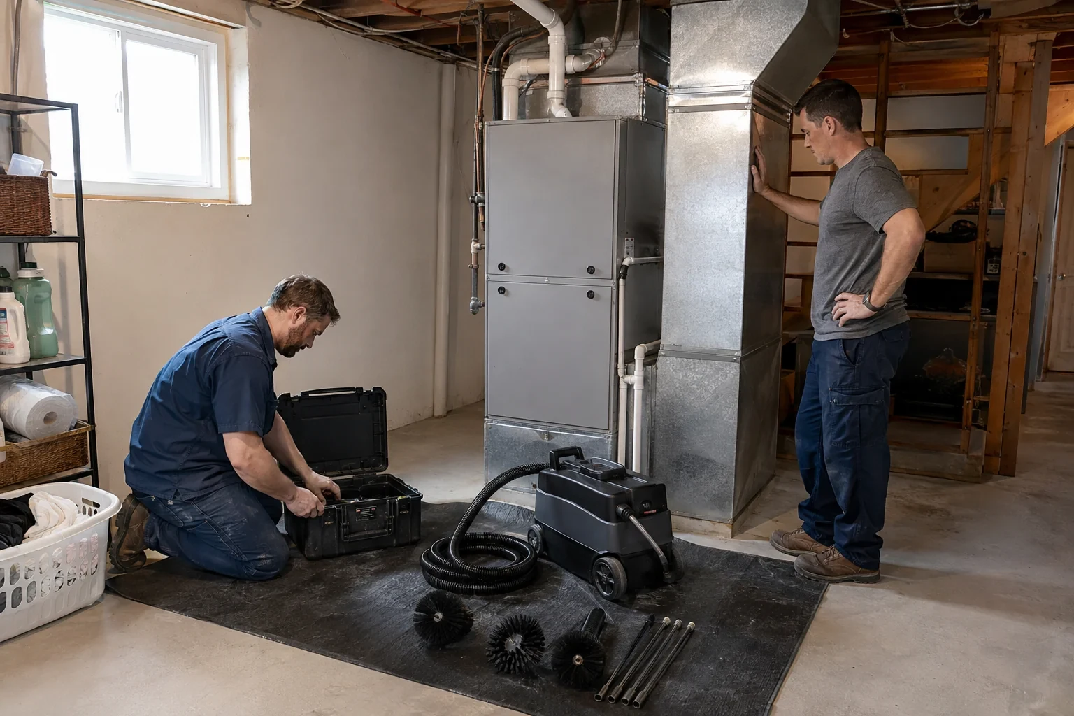 Two technicians beside a closed HVAC cabinet and ductwork with cleaning equipment staged on a floor mat.
